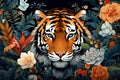 Image of pattern design using tiger face and flowers and leaves. Wildlife Animals. Illustration, Generative AI Royalty Free Stock Photo
