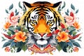Image of pattern design using tiger face and flowers and leaves. Wildlife Animals. Illustration, Generative AI Royalty Free Stock Photo