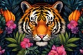Image of pattern design using tiger face and flowers and leaves. Wildlife Animals. Illustration, Generative AI Royalty Free Stock Photo