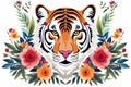 Image of pattern design using tiger face and flowers and leaves. Wildlife Animals. Illustration, Generative AI Royalty Free Stock Photo