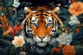 Image of pattern design using tiger face and flowers and leaves. Wildlife Animals. Illustration, Generative AI Royalty Free Stock Photo