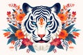 Image of pattern design using tiger face and flowers and leaves. Wildlife Animals. Illustration, Generative AI Royalty Free Stock Photo
