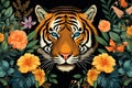 Image of pattern design using tiger face and flowers and leaves. Wildlife Animals. Illustration, Generative AI Royalty Free Stock Photo