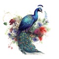 Image of a peacock surrounded by colorful tropical flowers. Wildlife Animals. Illustration, Generative AI Royalty Free Stock Photo