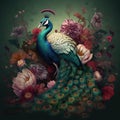 Image of a peacock surrounded by colorful tropical flowers. Wildlife Animals. Illustration, Generative AI Royalty Free Stock Photo