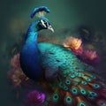 Image of a peacock surrounded by colorful tropical flowers. Wildlife Animals. Illustration, Generative AI Royalty Free Stock Photo