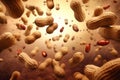 A image of peanuts floating in mid-air. The peanuts are shown in a variety of shapes and sizes, creating an otherworldly and