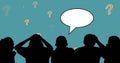 Image of people silhouettes with speech bubble over question marks on blue background Royalty Free Stock Photo