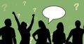 Image of people silhouettes with speech bubbles over question marks on green background