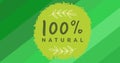 Image of 100 percent natural text in green, with leaves, over green diagonal stripes