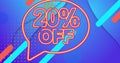 Image of 20 percent off text over a speech bubble against abstract shapes in seamless pattern