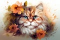 Image of a persian cat face surrounded by colorful tropical flowers. Pet. Animals. Illustration, Generative AI Royalty Free Stock Photo