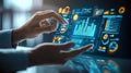 A person interacting with a futuristic digital interface displaying various data visualizations Royalty Free Stock Photo