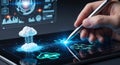 A person using a stylus to interact with a futuristic digital interface displaying cloud technology. Royalty Free Stock Photo