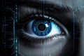 An image of a persons blue eye with a circuit board in the background, Biometric recognition system scanning an eye, AI Generated Royalty Free Stock Photo