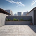 Perspective view of empty concrete tiles floor of rooftop with city skyline, Morning scene made with Generative AI Royalty Free Stock Photo