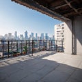 Perspective view of empty concrete tiles floor of rooftop with city skyline, Morning scene made with Generative AI Royalty Free Stock Photo