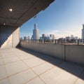 Perspective view of empty concrete tiles floor of rooftop with city skyline, Morning scene made with Generative AI Royalty Free Stock Photo