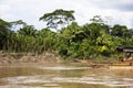 Image in Peruvian jungle of a boat in a river in Amazon forest. Traditional way of transportation in tropical rivers