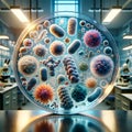 A petri dish containing a variety of colorful, stylized microbe structures,