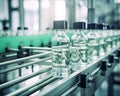 glass bottles with clear liquid on an automatic conveyor line.