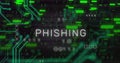 Image of phishing text banner over binary coding data processing and microprocessor connections Royalty Free Stock Photo