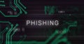Image of phishing text and data processing over circuit board Royalty Free Stock Photo