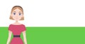 Image of pictogram of woman in pink dress with copy space on white and green background