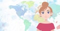 Image of pictogram of woman in pink dress with copy space on world map background