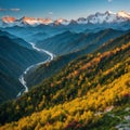 a poetic landscape panorama of rocky mountains, dangerous cliff and valleys, a h...