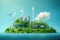 An image of a picturesque small island with a plane flying over it, Green Industry Eco Power Factory, Good environment ozone air Royalty Free Stock Photo