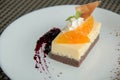 Image of a piece cheese cake with mandarins Royalty Free Stock Photo