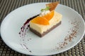 Image of a piece cheese cake with mandarins Royalty Free Stock Photo