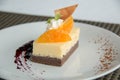 Image of a piece cheese cake with mandarins Royalty Free Stock Photo