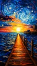 Image of pier at sunset with the sun going down. Generative AI