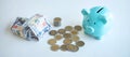 Image of piggy bank and stacking pile coins, banknote to planning growing saving strategy for future plan fund of travel,