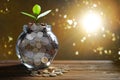 Image of pile of coins with plant on top in glass jar for business