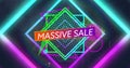 Image of pink and blue neon geometrical shapes over massive sale text