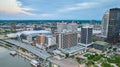 Pink blue sky over downtown city Louisville Kentucky aerial showing Ohio River shoreline Royalty Free Stock Photo