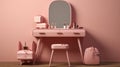 An image of a pink dressing table with a vanity mirror and pink shopping bags.