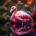 Image of a pink flamingo In the swamp and beautiful flowers. Birds. Wildlife Animals