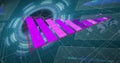 Image of pink graph over data processing with world map and charts on dark interface Royalty Free Stock Photo