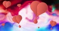 Image of pink hearts moving on multi coloured background Royalty Free Stock Photo