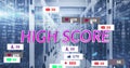 Image of pink text high score, with social media notifications over computer server room Royalty Free Stock Photo