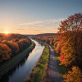 Pioneer Valley with the Connecticut River in Deerfield, Massachusetts at sunset- Northeast agriculture made Royalty Free Stock Photo