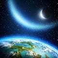 Image of planet earth and the moon in outer space. AI generated Royalty Free Stock Photo