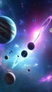 an image of planets in space solar systems, with pink and blue lights and milkyway