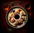 Delicious Chinese Dumplings served with soy sauce and vinegar