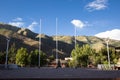 Image of a plaza in Cusco Peru. Main square in Peruvian Andes with empty flag poles.