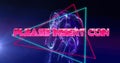 Image of please insert coin text over neon triangular banner against blue background